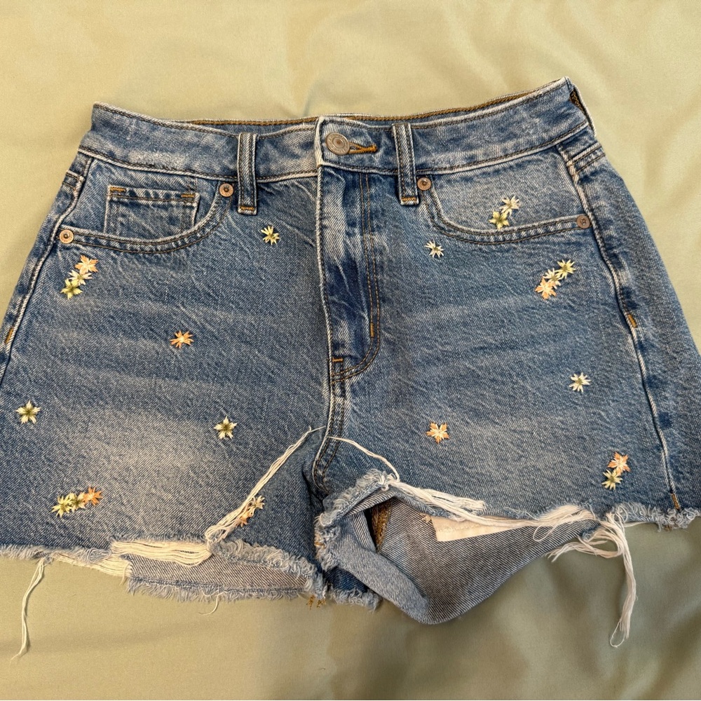 American Eagle Outfitters Blue Jean Shorts with Floral Embroidery